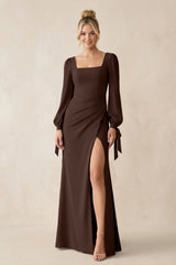Square Neck Long Sleeve Sheath Chiffon Bridesmaid Dress in Espresso - KissProm Bridesmaid Dresses