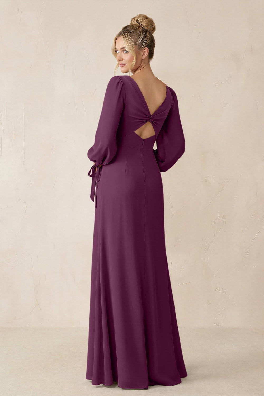 Square Neck Long Sleeve Sheath Chiffon Bridesmaid Dress in Fig - KissProm Bridesmaid Dresses