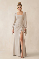 Square Neck Long Sleeve Sheath Chiffon Bridesmaid Dress in Frost - KissProm Bridesmaid Dresses