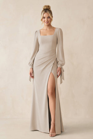 Square Neck Long Sleeve Sheath Chiffon Bridesmaid Dress in Frost - KissProm Bridesmaid Dresses