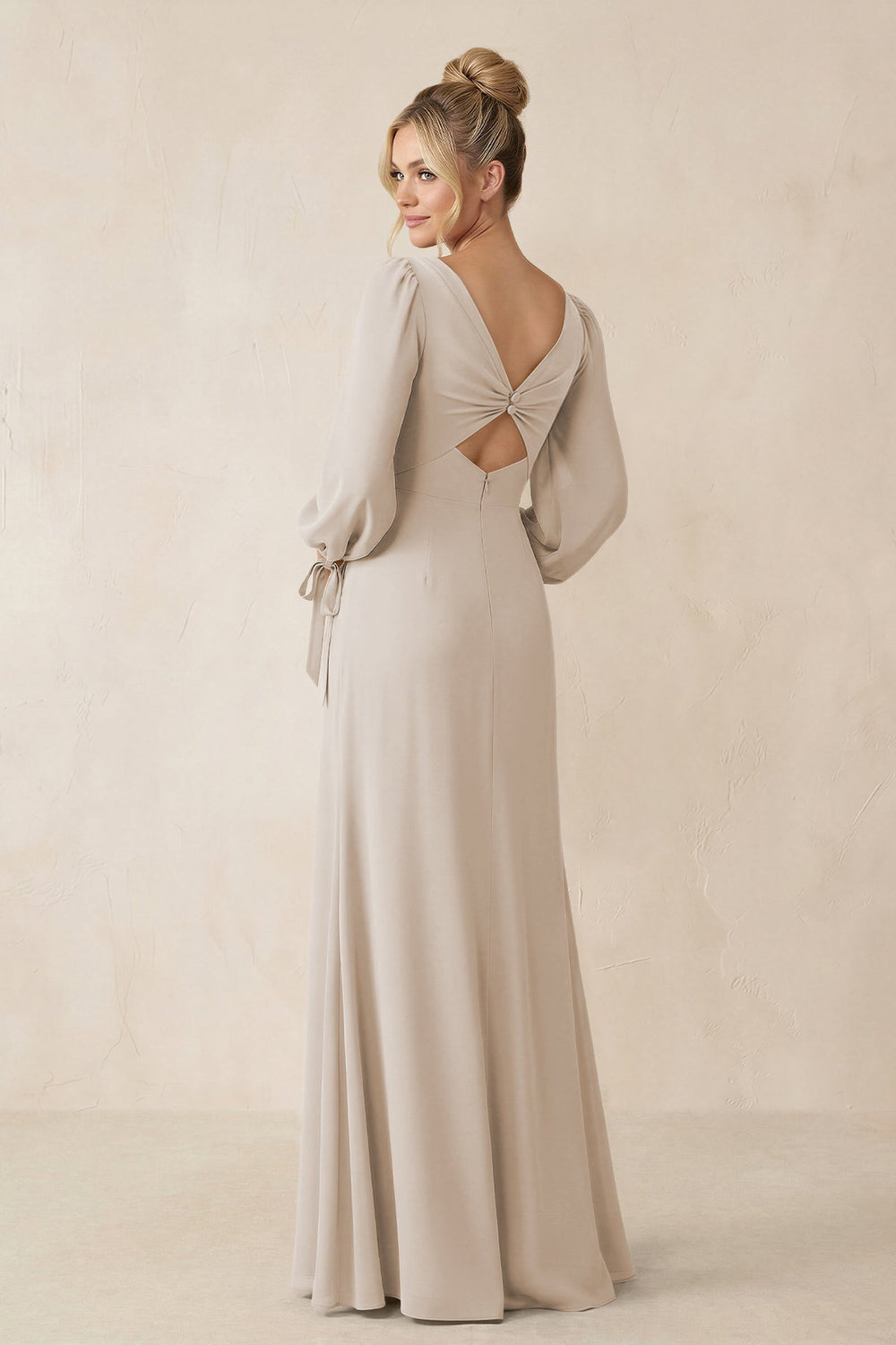 Square Neck Long Sleeve Sheath Chiffon Bridesmaid Dress in Frost - KissProm Bridesmaid Dresses