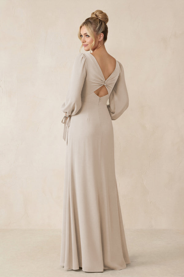 Square Neck Long Sleeve Sheath Chiffon Bridesmaid Dress in Frost - KissProm Bridesmaid Dresses