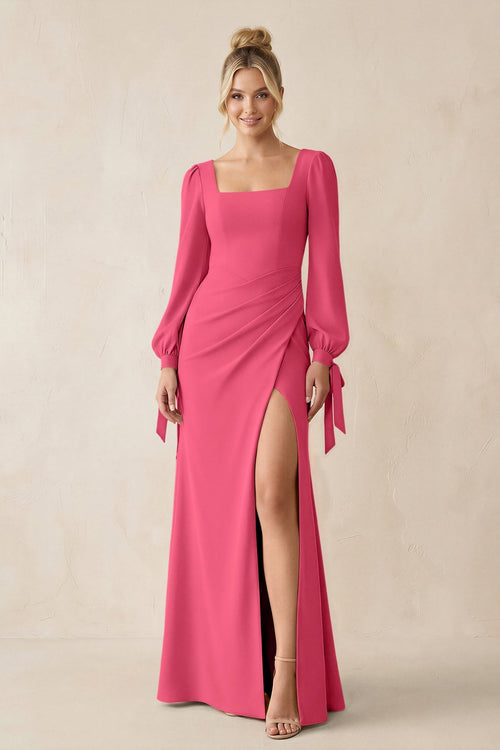 Square Neck Long Sleeve Sheath Chiffon Bridesmaid Dress in Fuchsia - KissProm Bridesmaid Dresses
