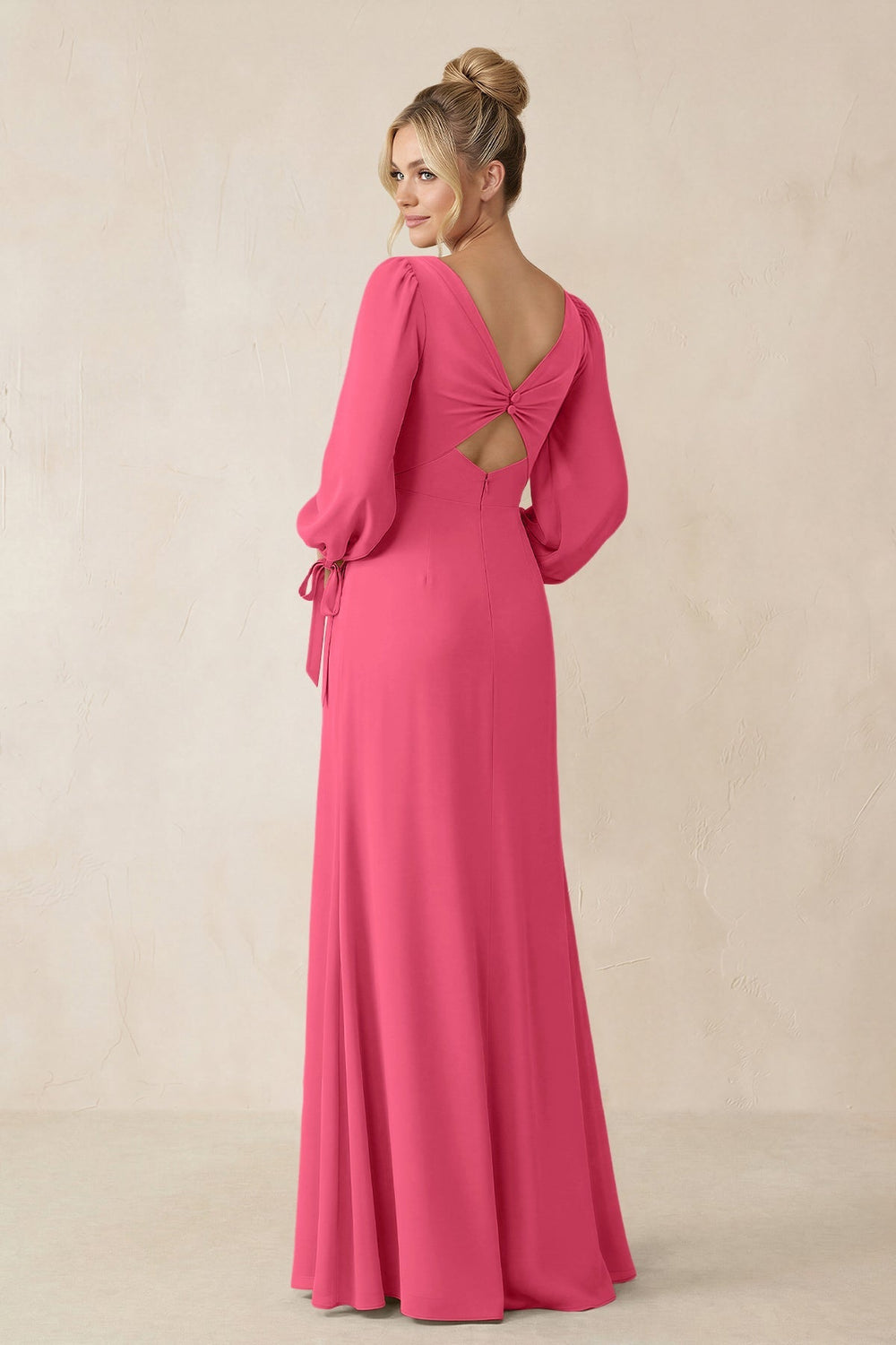 Square Neck Long Sleeve Sheath Chiffon Bridesmaid Dress in Fuchsia - KissProm Bridesmaid Dresses