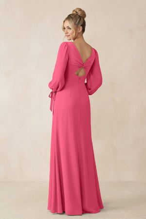 Square Neck Long Sleeve Sheath Chiffon Bridesmaid Dress in Fuchsia - KissProm Bridesmaid Dresses