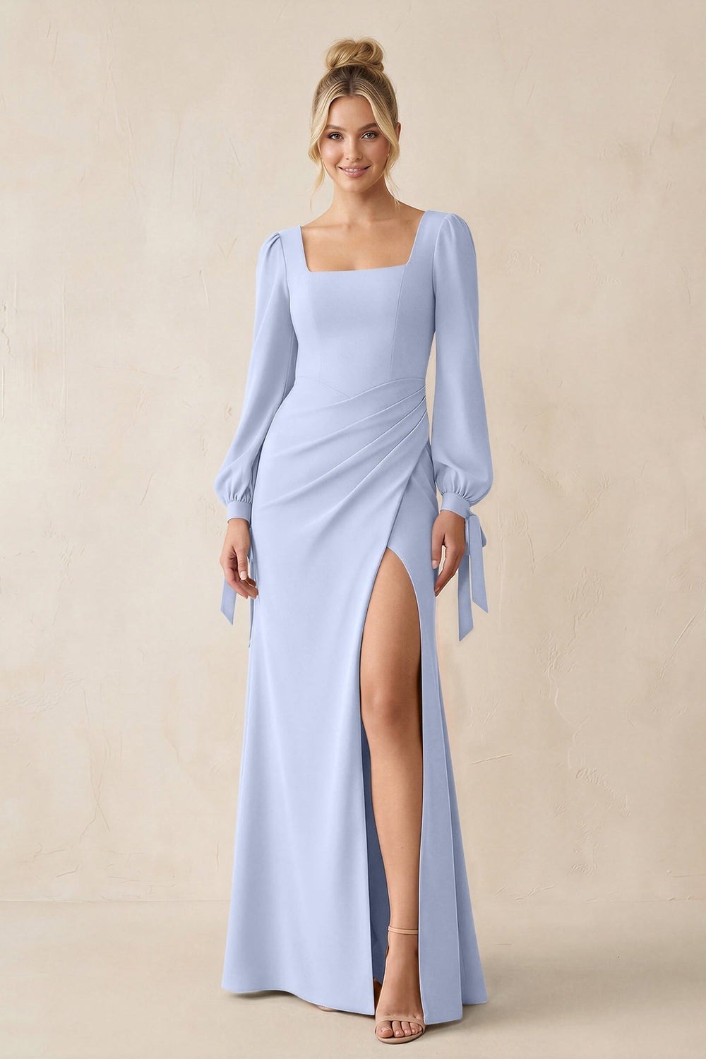 Square Neck Long Sleeve Sheath Chiffon Bridesmaid Dress in Ice - KissProm Bridesmaid Dresses