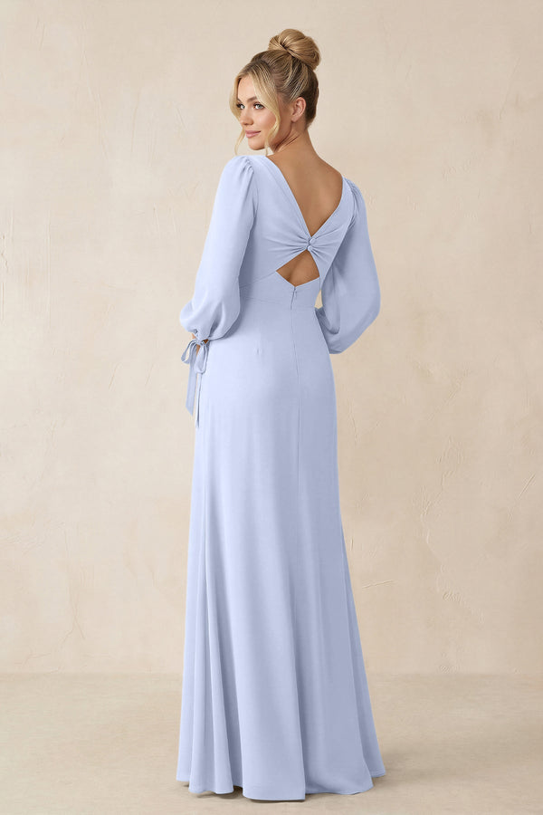 Square Neck Long Sleeve Sheath Chiffon Bridesmaid Dress in Ice - KissProm Bridesmaid Dresses