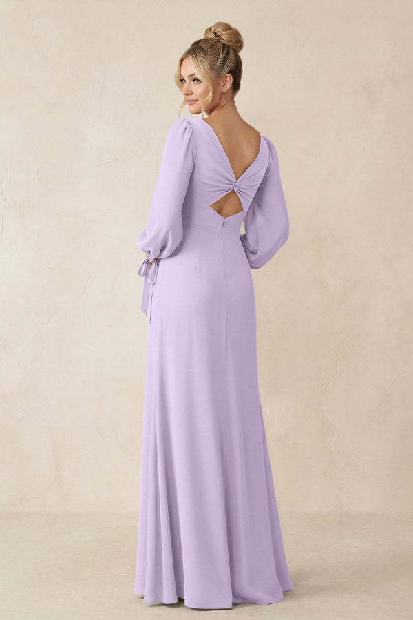 Square Neck Long Sleeve Sheath Chiffon Bridesmaid Dress in Lavender - KissProm Bridesmaid Dresses