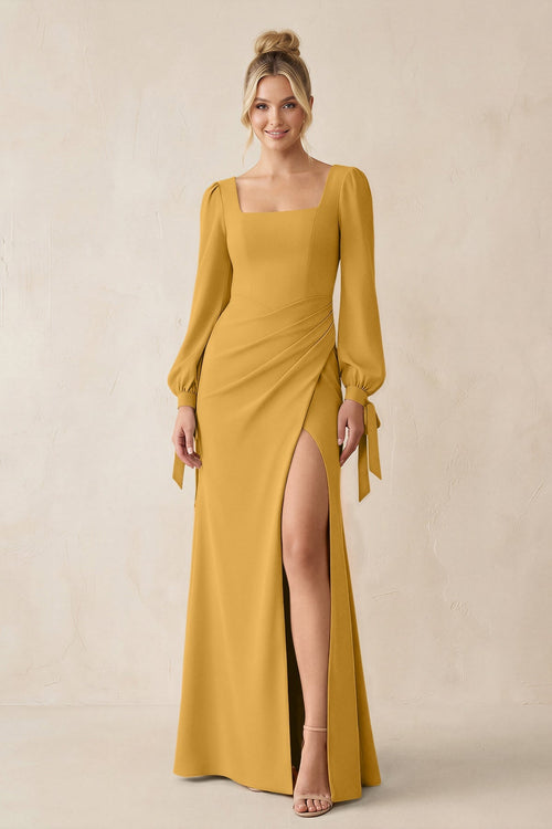 Square Neck Long Sleeve Sheath Chiffon Bridesmaid Dress in Marigold - KissProm Bridesmaid Dresses
