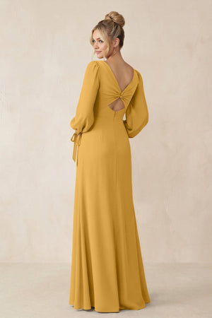 Square Neck Long Sleeve Sheath Chiffon Bridesmaid Dress in Marigold - KissProm Bridesmaid Dresses