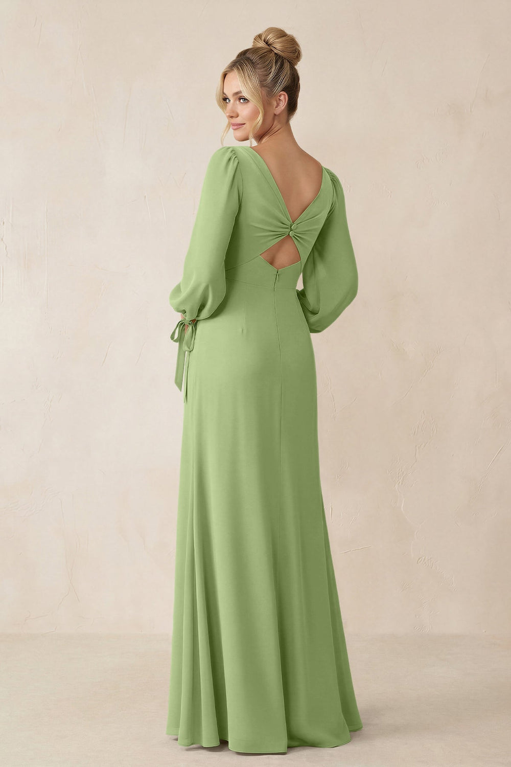 Square Neck Long Sleeve Sheath Chiffon Bridesmaid Dress in Matcha - KissProm Bridesmaid Dresses