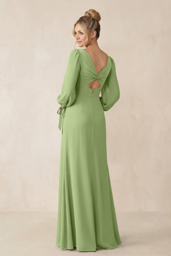 Square Neck Long Sleeve Sheath Chiffon Bridesmaid Dress in Matcha - KissProm Bridesmaid Dresses