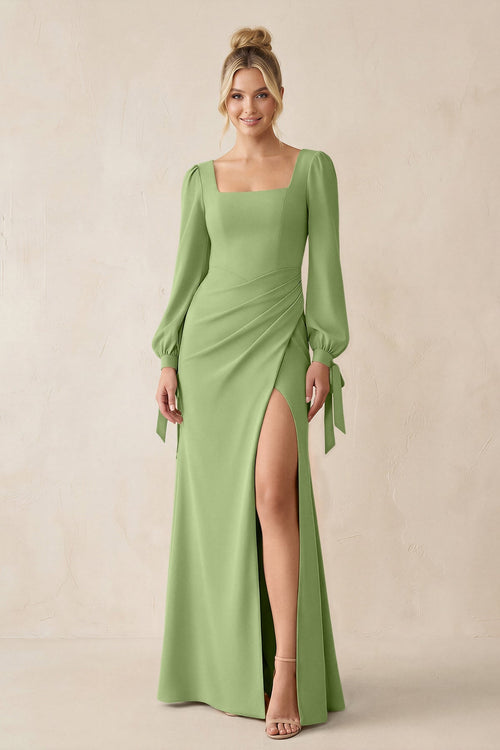 Square Neck Long Sleeve Sheath Chiffon Bridesmaid Dress in Matcha - KissProm Bridesmaid Dresses