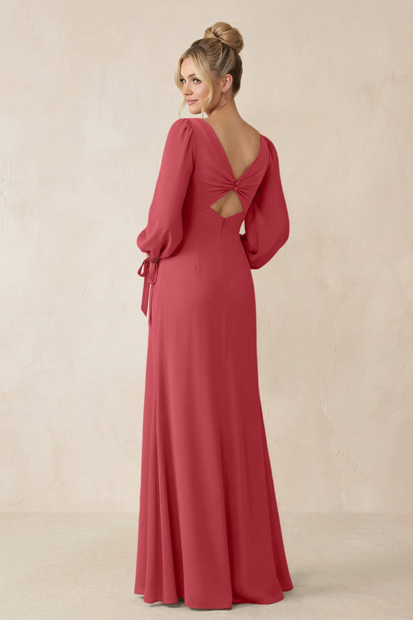 Square Neck Long Sleeve Sheath Chiffon Bridesmaid Dress in Merlot - KissProm Bridesmaid Dresses