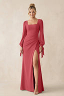 Square Neck Long Sleeve Sheath Chiffon Bridesmaid Dress in Merlot - KissProm Bridesmaid Dresses