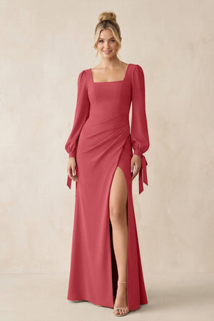 Square Neck Long Sleeve Sheath Chiffon Bridesmaid Dress in Merlot - KissProm Bridesmaid Dresses