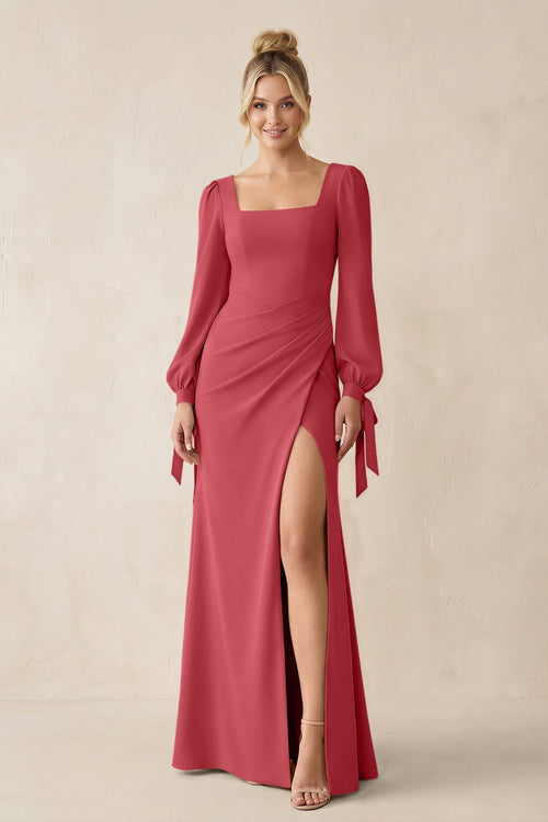 Square Neck Long Sleeve Sheath Chiffon Bridesmaid Dress in Merlot - KissProm Bridesmaid Dresses