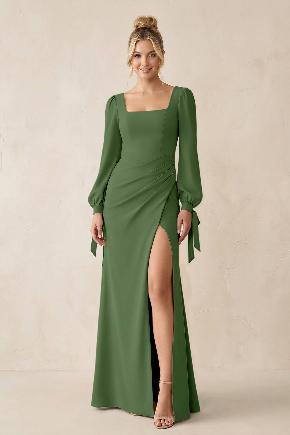Square Neck Long Sleeve Sheath Chiffon Bridesmaid Dress in Moss - KissProm Bridesmaid Dresses