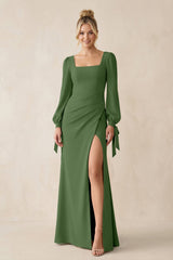 Square Neck Long Sleeve Sheath Chiffon Bridesmaid Dress in Moss - KissProm Bridesmaid Dresses