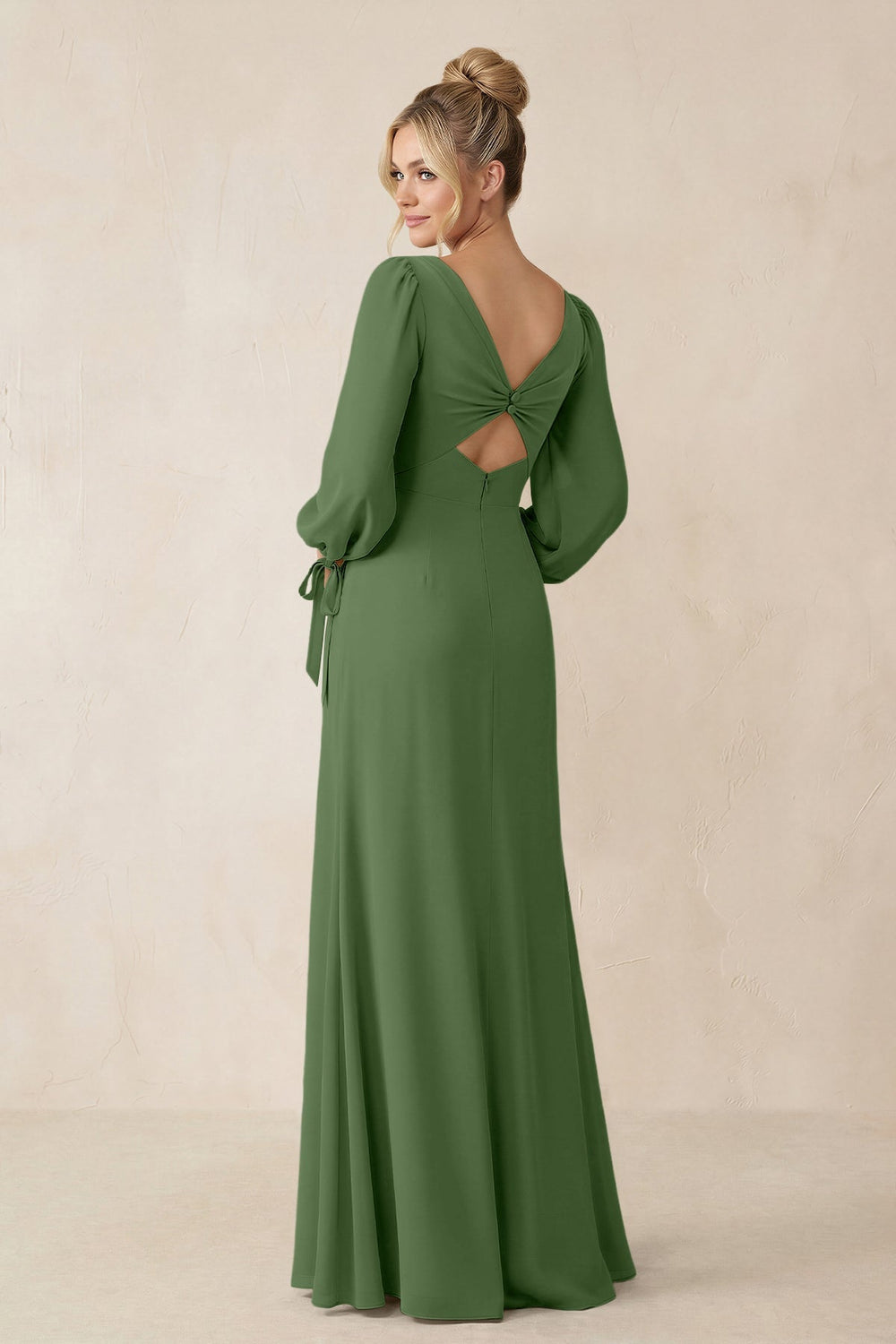 Square Neck Long Sleeve Sheath Chiffon Bridesmaid Dress in Moss - KissProm Bridesmaid Dresses