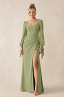 Square Neck Long Sleeve Sheath Chiffon Bridesmaid Dress in Moss Green - KissProm Bridesmaid Dresses
