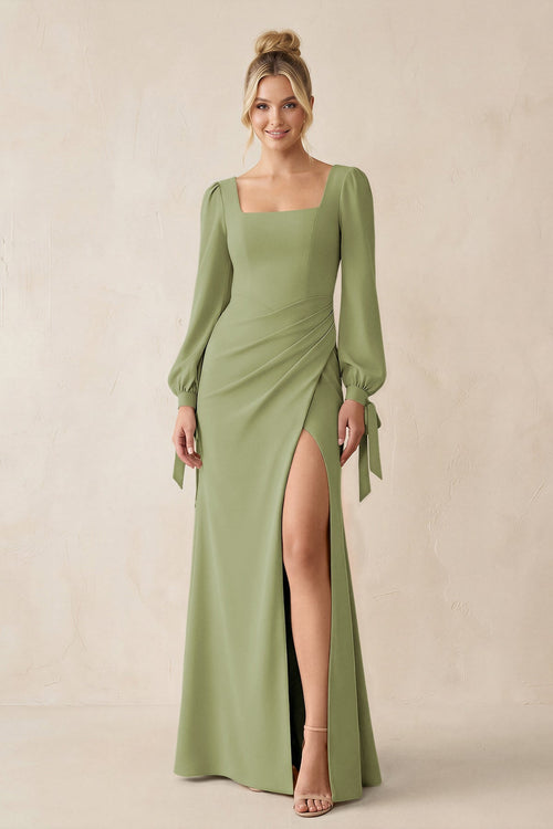 Square Neck Long Sleeve Sheath Chiffon Bridesmaid Dress in Moss Green - KissProm Bridesmaid Dresses