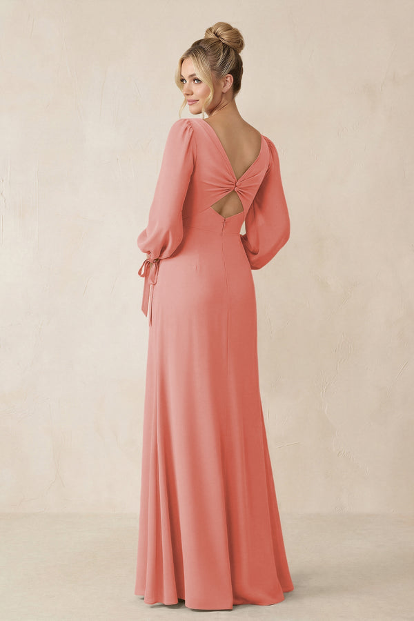 Square Neck Long Sleeve Sheath Chiffon Bridesmaid Dress in Mulberry - KissProm Bridesmaid Dresses