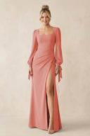 Square Neck Long Sleeve Sheath Chiffon Bridesmaid Dress in Mulberry - KissProm Bridesmaid Dresses