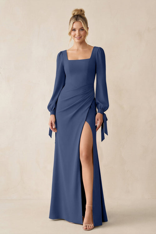 KissProm | Square Neck Long Sleeve Sheath Chiffon Bridesmaid Dress in Navy KissProm | Square Neck Long Sleeve Sheath Chiffon Bridesmaid Dress in Navy