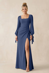 Square Neck Long Sleeve Sheath Chiffon Bridesmaid Dress in Navy - KissProm Bridesmaid Dresses
