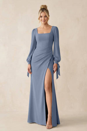 Square Neck Long Sleeve Sheath Chiffon Bridesmaid Dress in Neptune - KissProm Bridesmaid Dresses