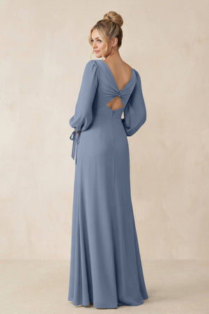 Square Neck Long Sleeve Sheath Chiffon Bridesmaid Dress in Neptune - KissProm Bridesmaid Dresses