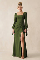 Square Neck Long Sleeve Sheath Chiffon Bridesmaid Dress in Olive - KissProm Bridesmaid Dresses