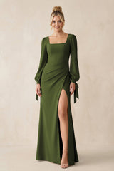 Square Neck Long Sleeve Sheath Chiffon Bridesmaid Dress in Olive - KissProm Bridesmaid Dresses