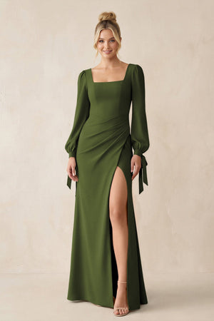 Square Neck Long Sleeve Sheath Chiffon Bridesmaid Dress in Olive - KissProm Bridesmaid Dresses
