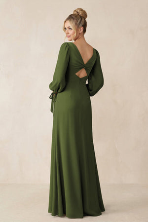 Square Neck Long Sleeve Sheath Chiffon Bridesmaid Dress in Olive - KissProm Bridesmaid Dresses
