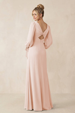 Square Neck Long Sleeve Sheath Chiffon Bridesmaid Dress in Pale Blush - KissProm Bridesmaid Dresses
