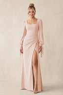Square Neck Long Sleeve Sheath Chiffon Bridesmaid Dress in Pale Blush - KissProm Bridesmaid Dresses