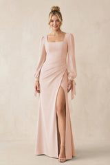 Square Neck Long Sleeve Sheath Chiffon Bridesmaid Dress in Pale Blush - KissProm Bridesmaid Dresses