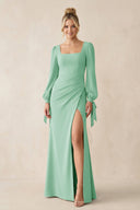 Square Neck Long Sleeve Sheath Chiffon Bridesmaid Dress in Pale Pistachio - KissProm Bridesmaid Dresses
