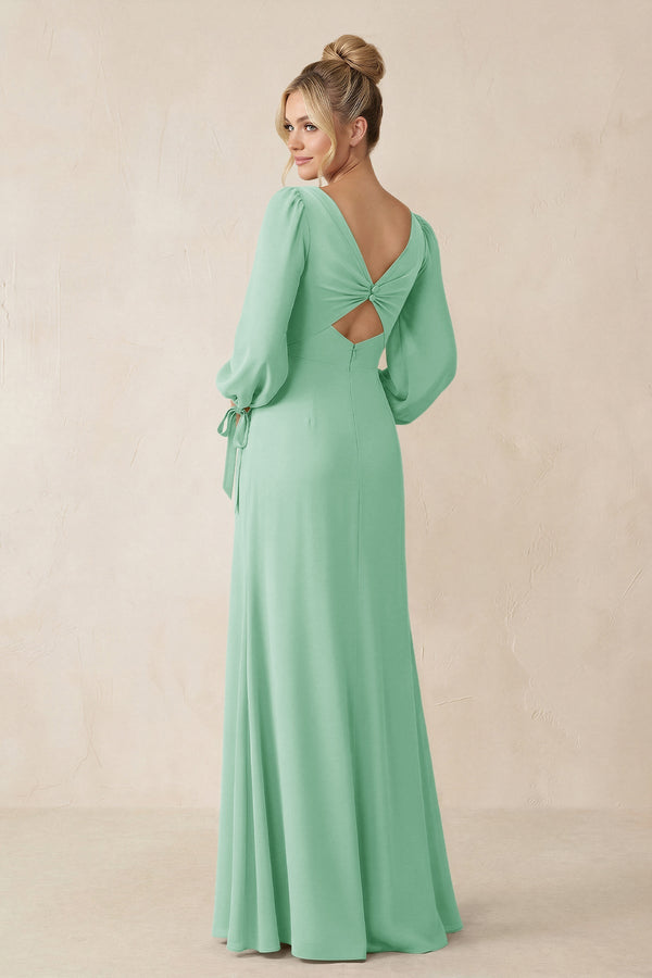 Square Neck Long Sleeve Sheath Chiffon Bridesmaid Dress in Pale Pistachio - KissProm Bridesmaid Dresses