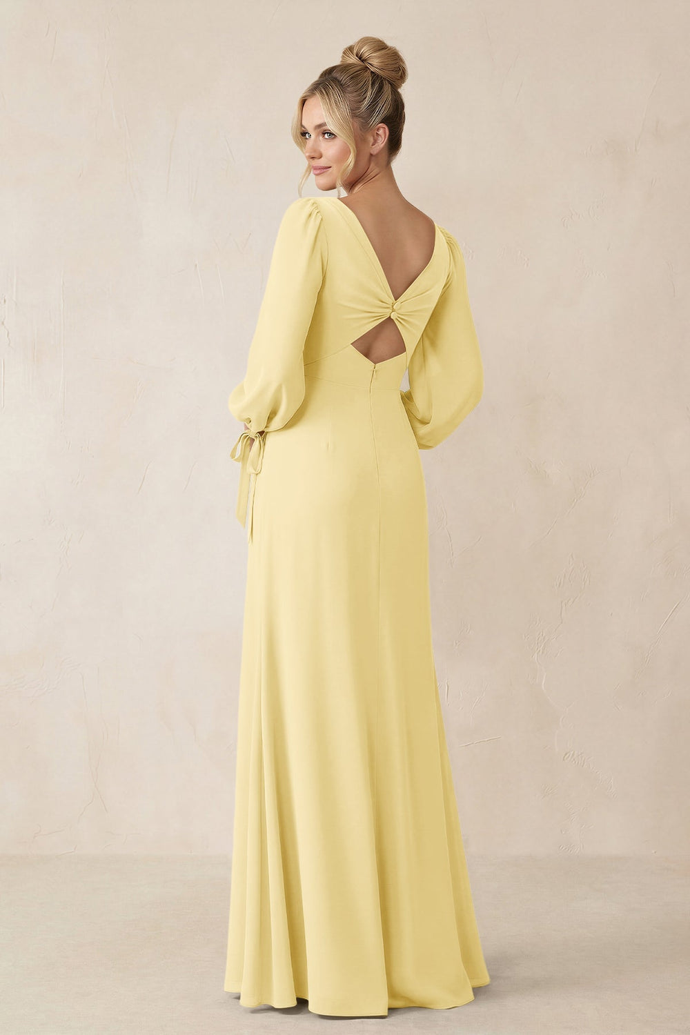 Square Neck Long Sleeve Sheath Chiffon Bridesmaid Dress in Pastel Yellow - KissProm Bridesmaid Dresses