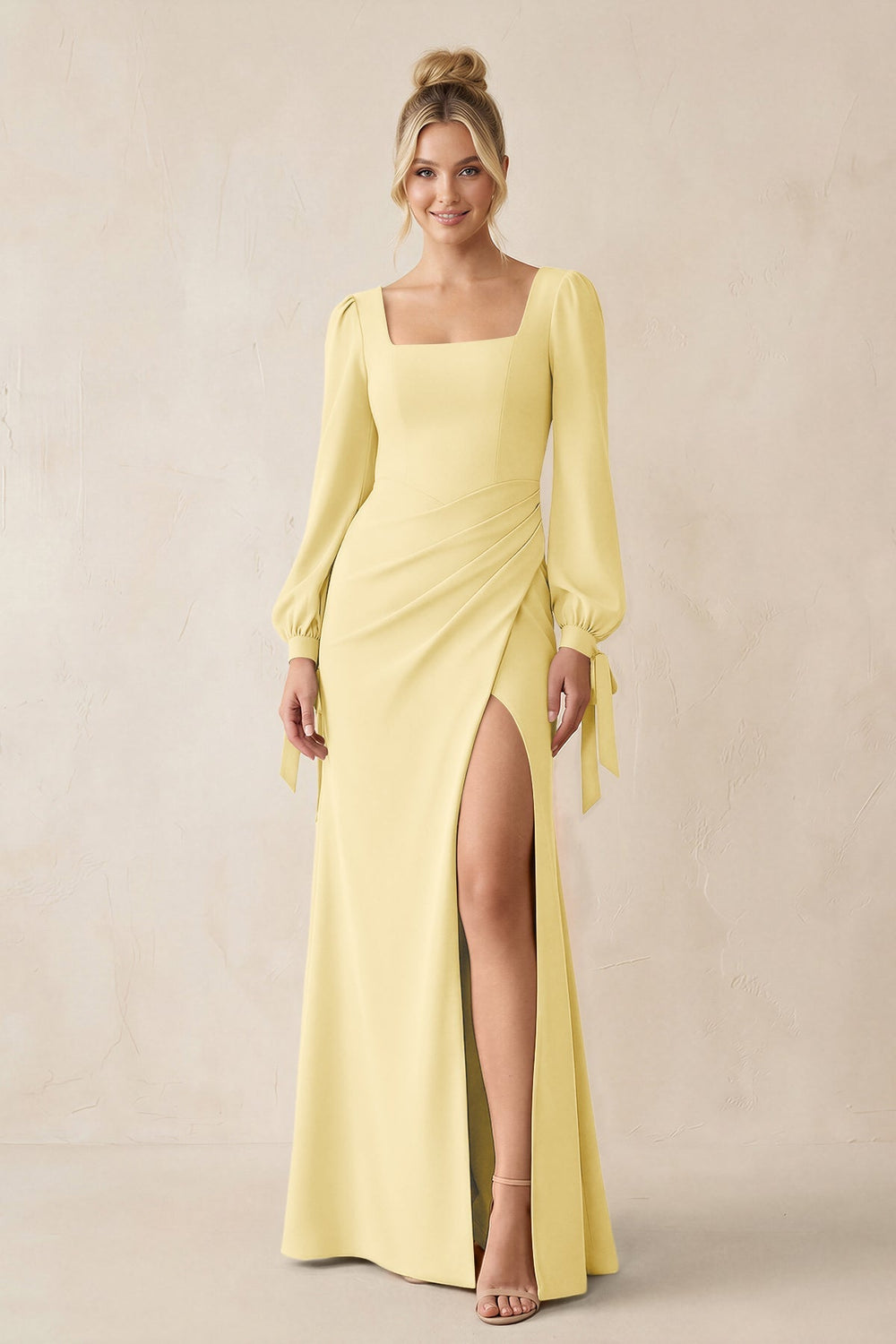 Square Neck Long Sleeve Sheath Chiffon Bridesmaid Dress in Pastel Yellow - KissProm Bridesmaid Dresses