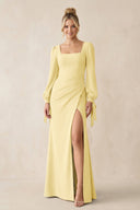 Square Neck Long Sleeve Sheath Chiffon Bridesmaid Dress in Pastel Yellow - KissProm Bridesmaid Dresses