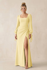 Square Neck Long Sleeve Sheath Chiffon Bridesmaid Dress in Pastel Yellow - KissProm Bridesmaid Dresses