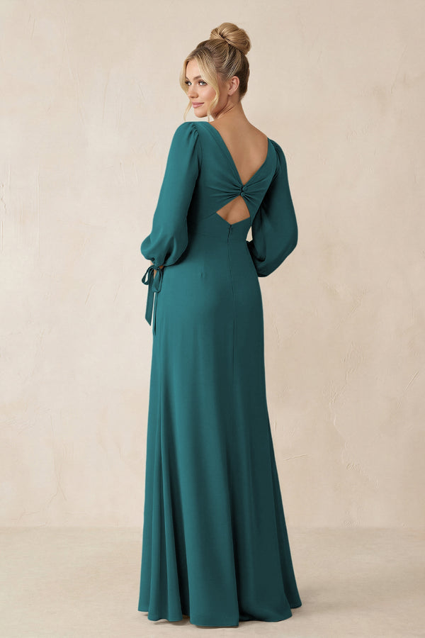 Square Neck Long Sleeve Sheath Chiffon Bridesmaid Dress in Pine - KissProm Bridesmaid Dresses