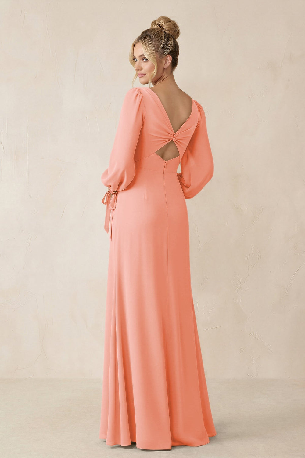 Square Neck Long Sleeve Sheath Chiffon Bridesmaid Dress in Rosette - KissProm Bridesmaid Dresses