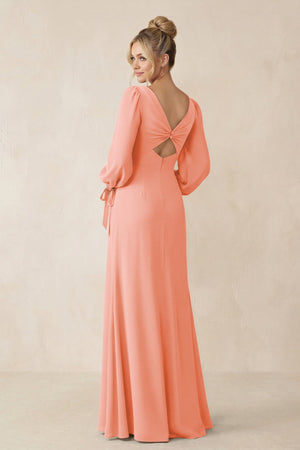 Square Neck Long Sleeve Sheath Chiffon Bridesmaid Dress in Rosette - KissProm Bridesmaid Dresses