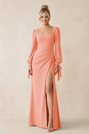 Square Neck Long Sleeve Sheath Chiffon Bridesmaid Dress in Rosette - KissProm Bridesmaid Dresses