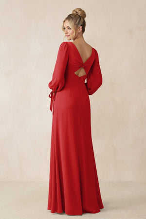 Square Neck Long Sleeve Sheath Chiffon Bridesmaid Dress in Ruby Red - KissProm Bridesmaid Dresses